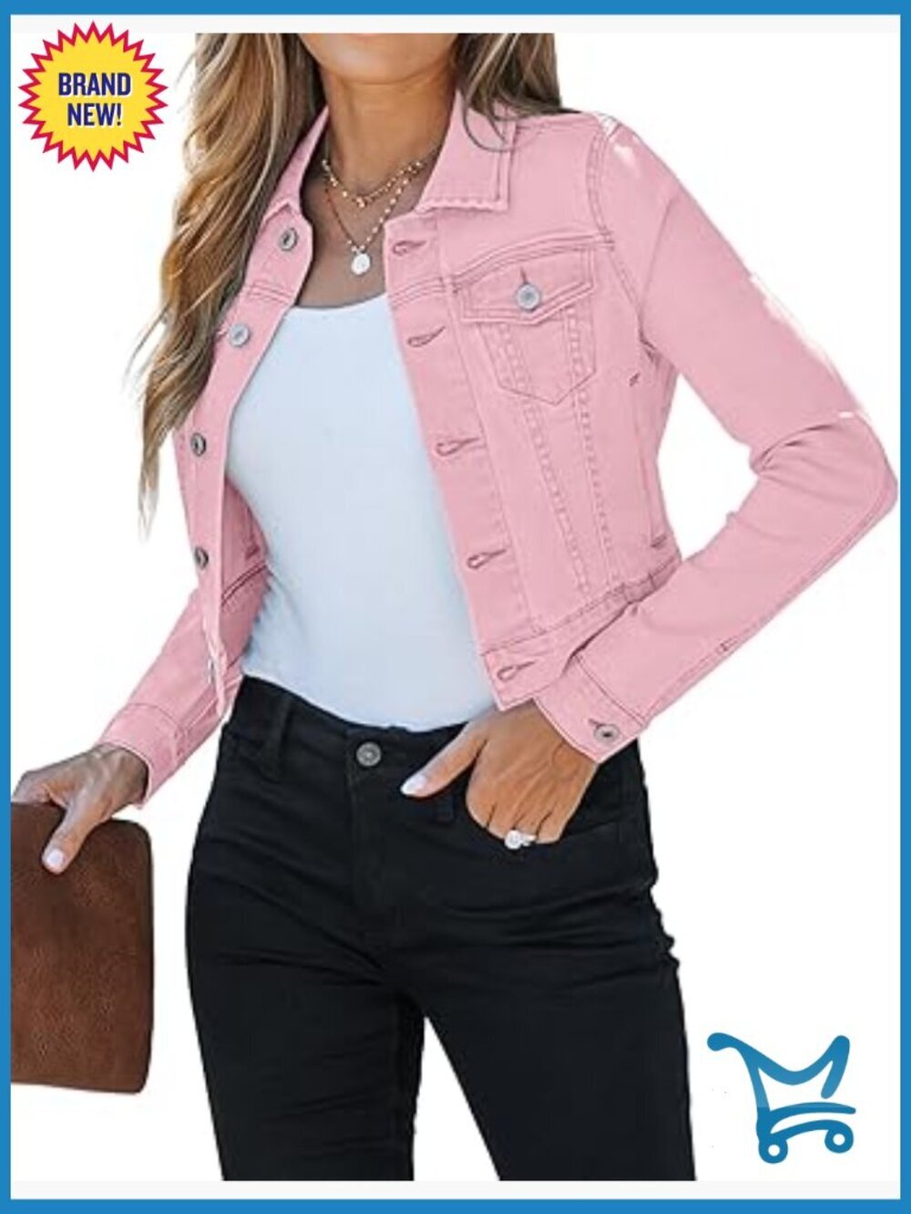 Cropped Jean Jacket Fitted Stretchy with Pockets